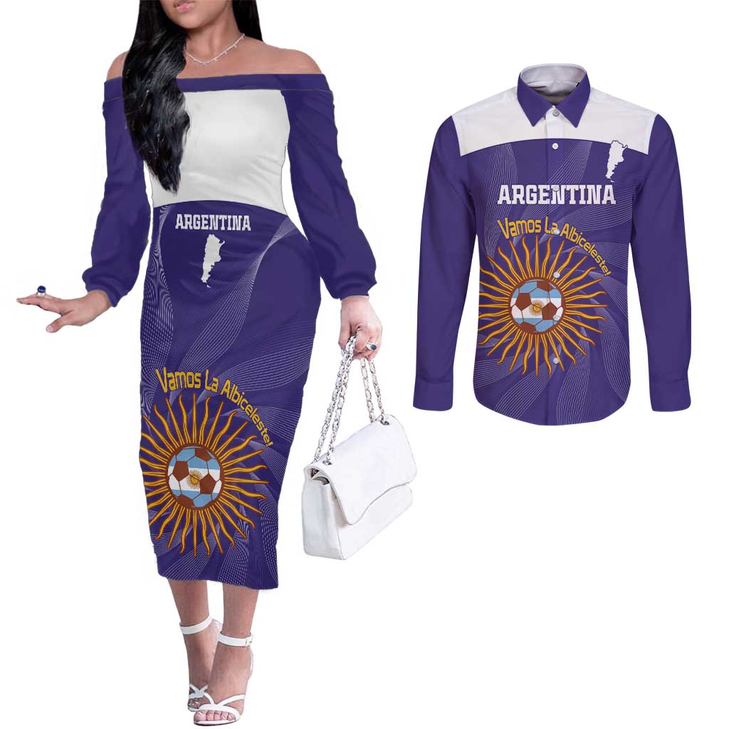Custom Argentina Football Couples Matching Off The Shoulder Long Sleeve Dress and Long Sleeve Button Shirt Vamos La Albiceleste Purple Version - Wonder Print Shop
