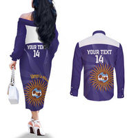 Custom Argentina Football Couples Matching Off The Shoulder Long Sleeve Dress and Long Sleeve Button Shirt Vamos La Albiceleste Purple Version - Wonder Print Shop