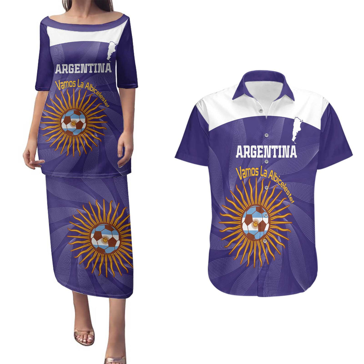 Custom Argentina Football Couples Matching Puletasi and Hawaiian Shirt Vamos La Albiceleste Purple Version - Wonder Print Shop