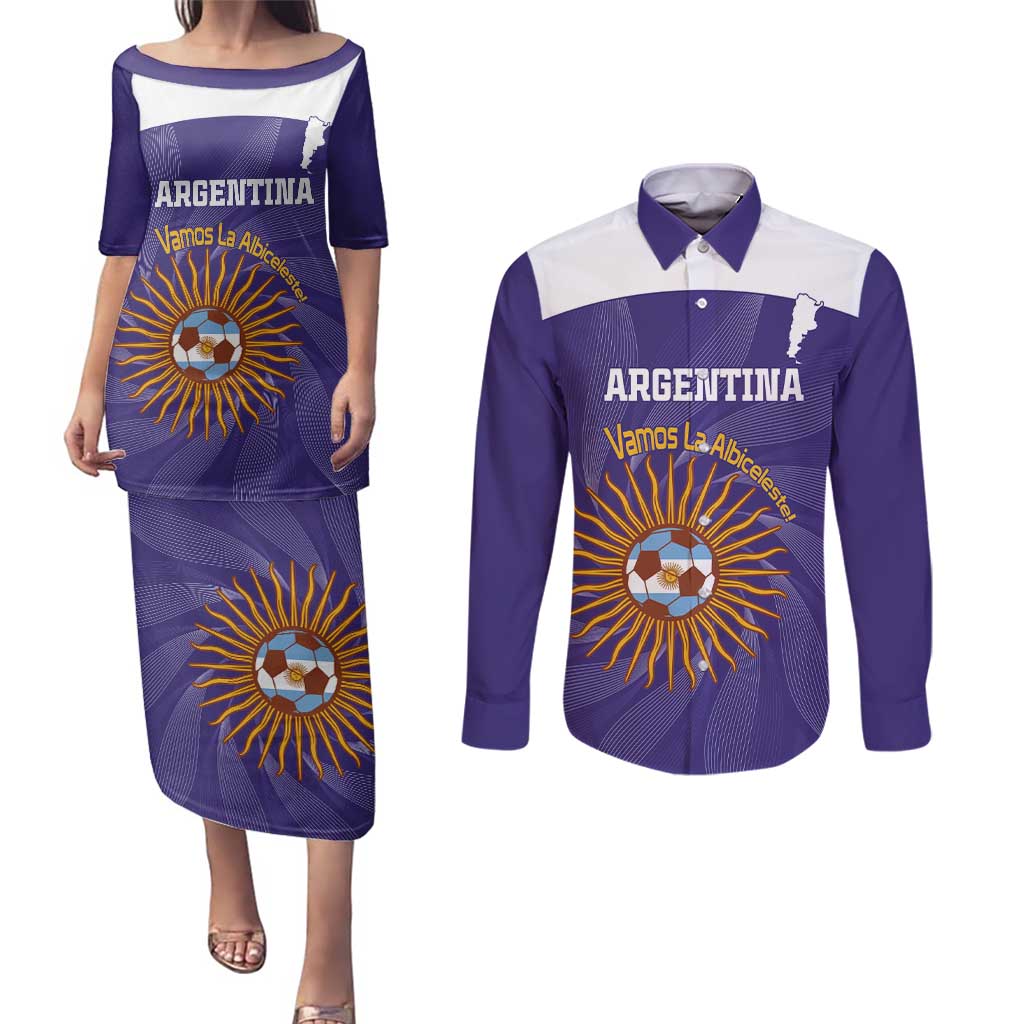 Custom Argentina Football Couples Matching Puletasi and Long Sleeve Button Shirt Vamos La Albiceleste Purple Version - Wonder Print Shop