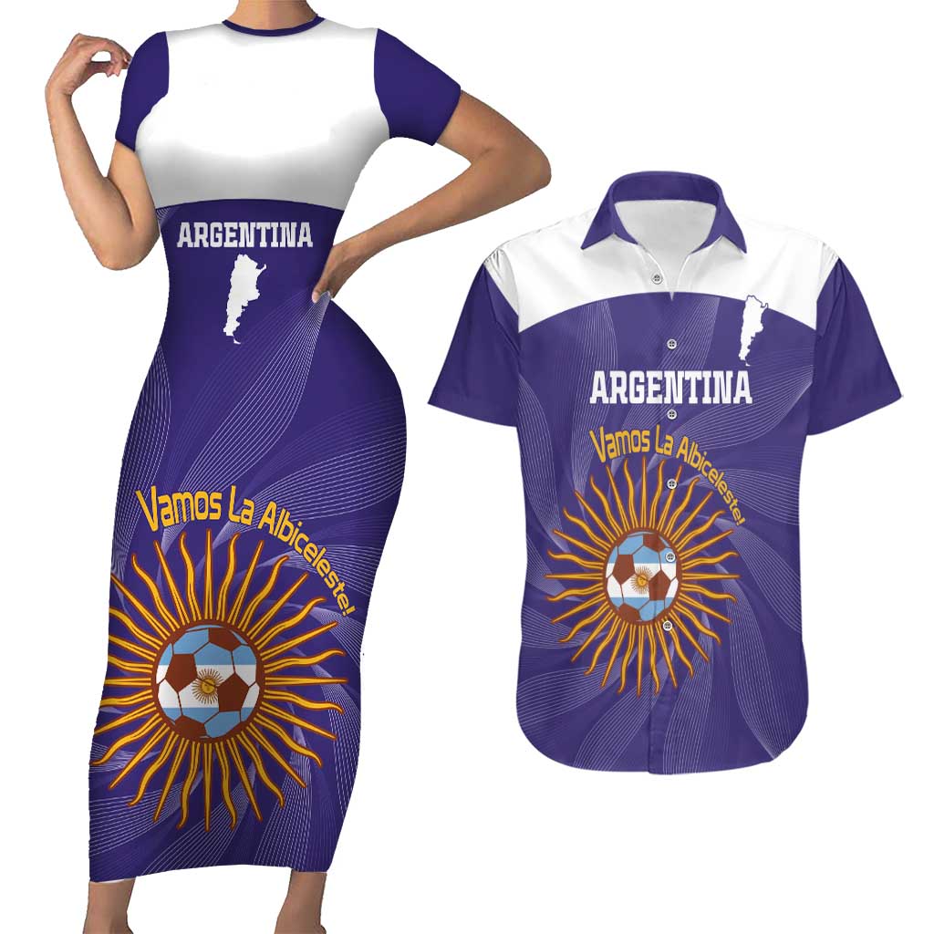 Custom Argentina Football Couples Matching Short Sleeve Bodycon Dress and Hawaiian Shirt Vamos La Albiceleste Purple Version - Wonder Print Shop
