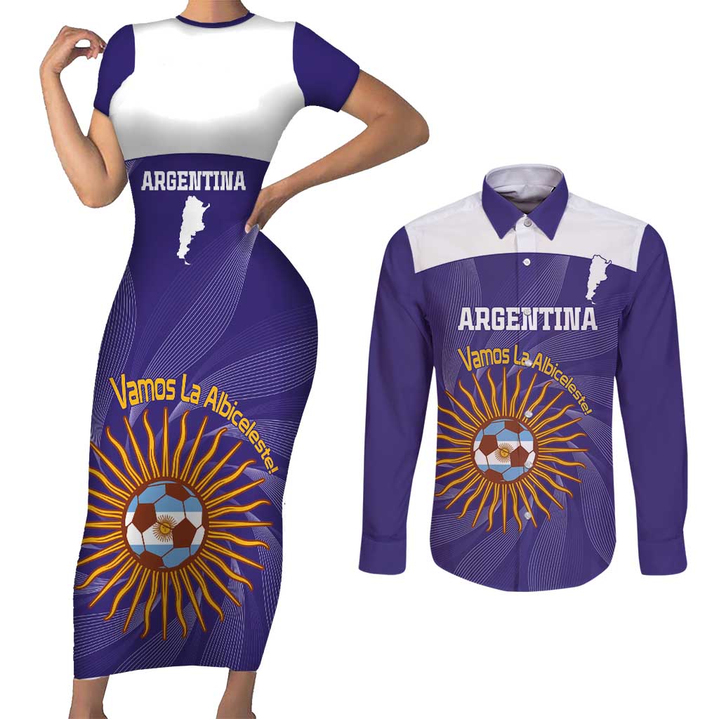 Custom Argentina Football Couples Matching Short Sleeve Bodycon Dress and Long Sleeve Button Shirt Vamos La Albiceleste Purple Version - Wonder Print Shop