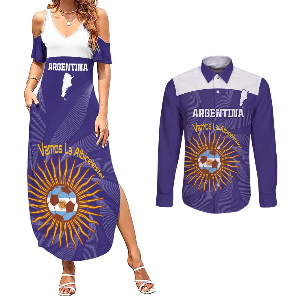 Custom Argentina Football Couples Matching Summer Maxi Dress and Long Sleeve Button Shirt Vamos La Albiceleste Purple Version - Wonder Print Shop