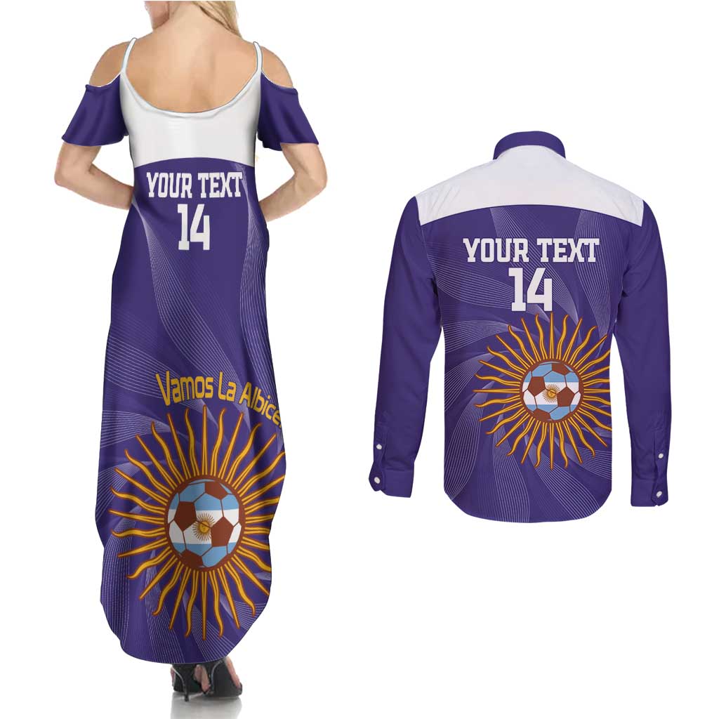 Custom Argentina Football Couples Matching Summer Maxi Dress and Long Sleeve Button Shirt Vamos La Albiceleste Purple Version - Wonder Print Shop