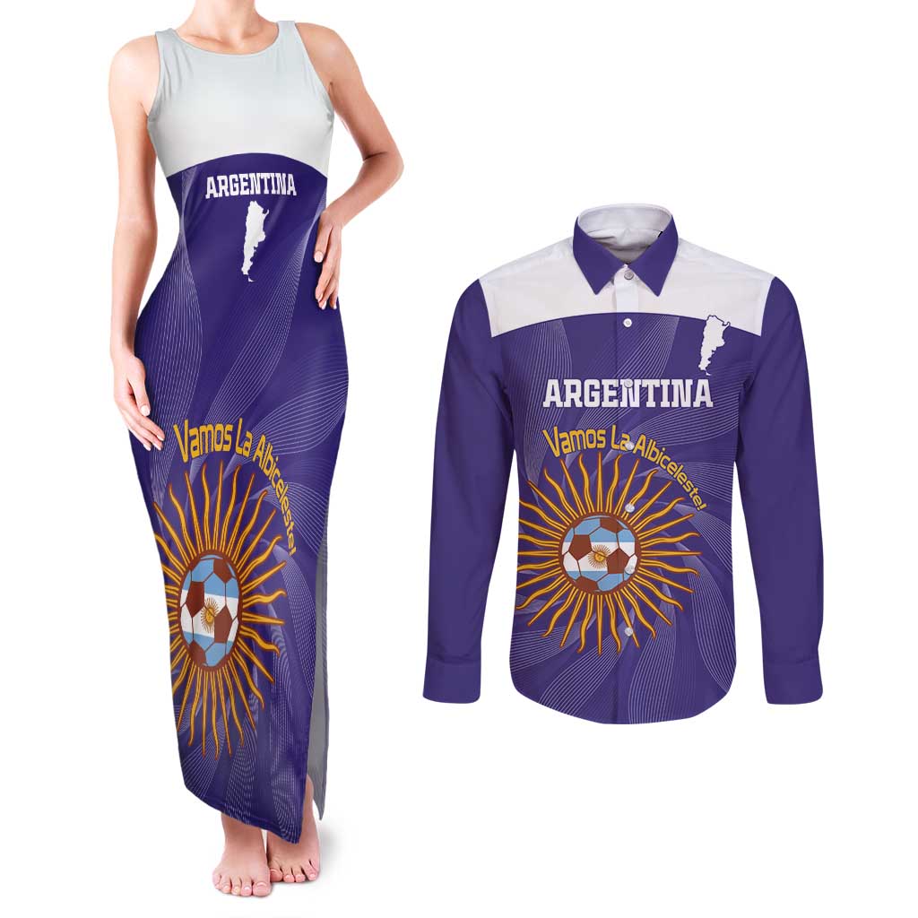 Custom Argentina Football Couples Matching Tank Maxi Dress and Long Sleeve Button Shirt Vamos La Albiceleste Purple Version - Wonder Print Shop