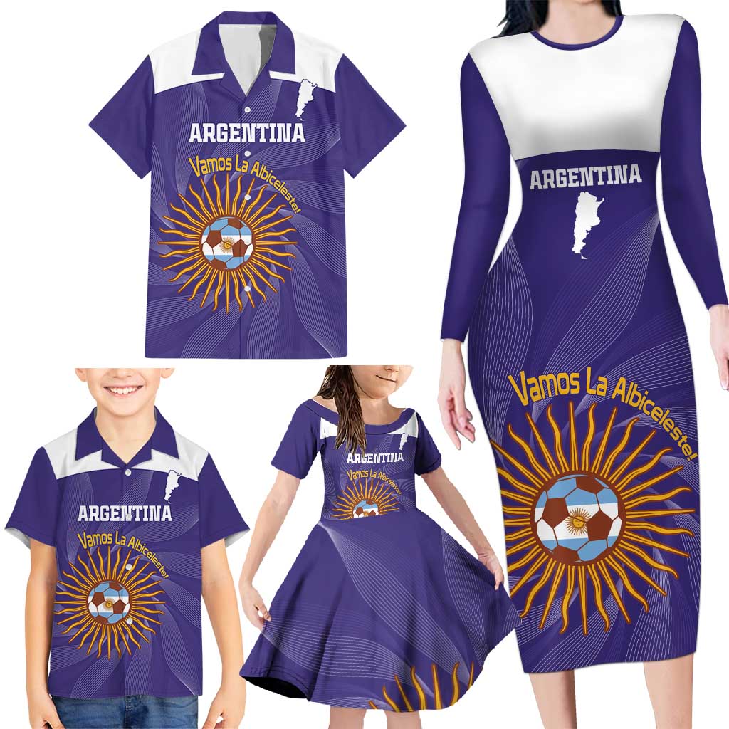 Custom Argentina Football Family Matching Long Sleeve Bodycon Dress and Hawaiian Shirt Vamos La Albiceleste Purple Version - Wonder Print Shop