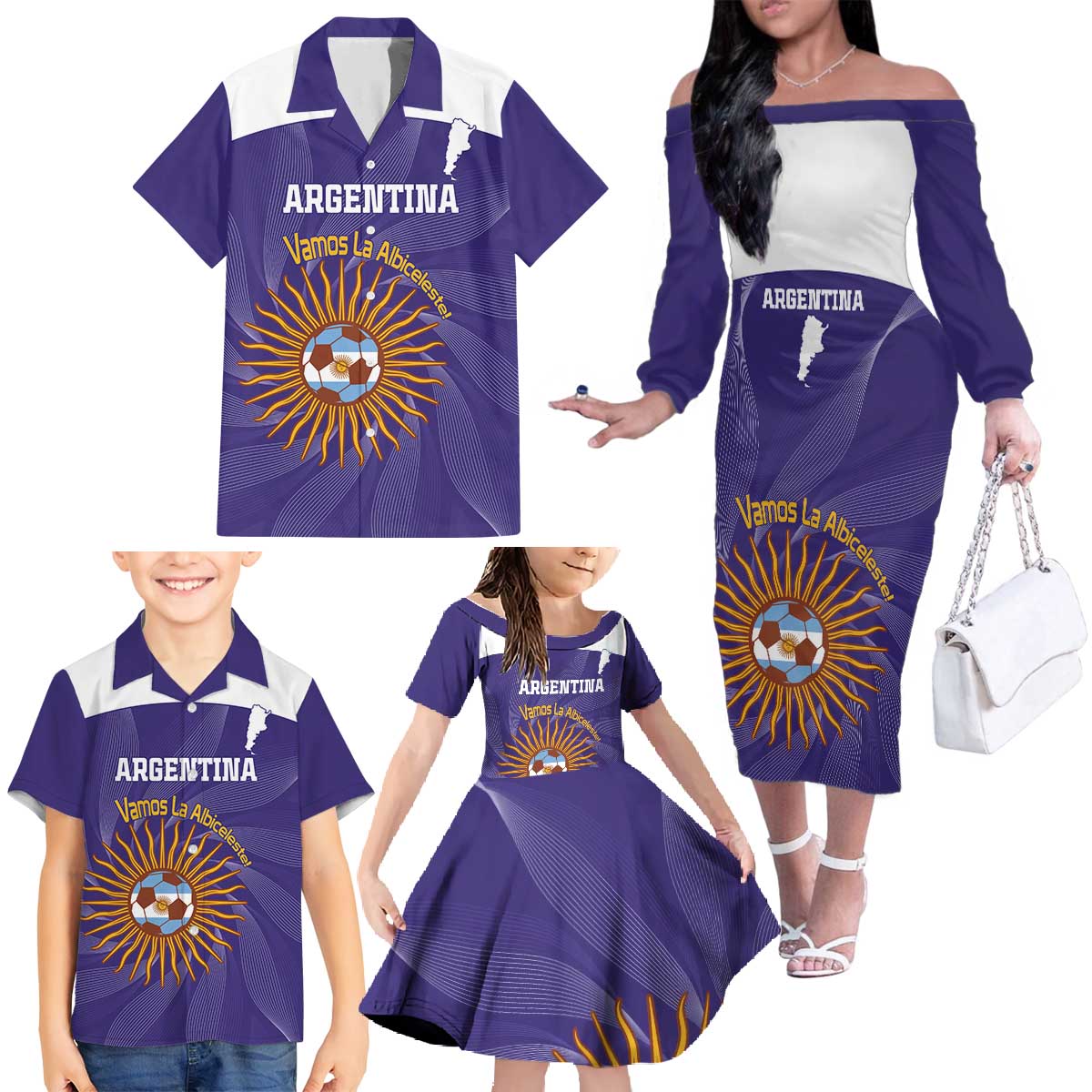 Custom Argentina Football Family Matching Off The Shoulder Long Sleeve Dress and Hawaiian Shirt Vamos La Albiceleste Purple Version - Wonder Print Shop