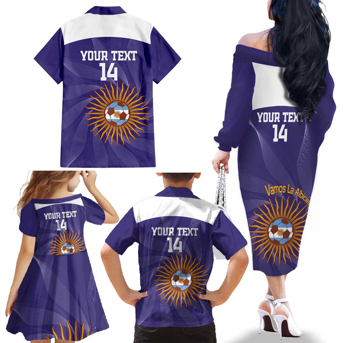 Custom Argentina Football Family Matching Off The Shoulder Long Sleeve Dress and Hawaiian Shirt Vamos La Albiceleste Purple Version - Wonder Print Shop