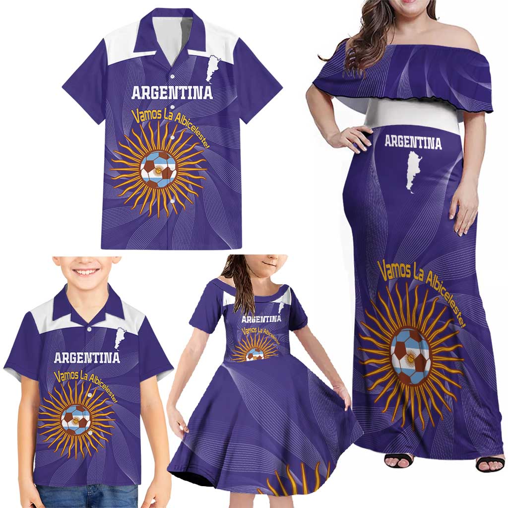 Custom Argentina Football Family Matching Off Shoulder Maxi Dress and Hawaiian Shirt Vamos La Albiceleste Purple Version - Wonder Print Shop