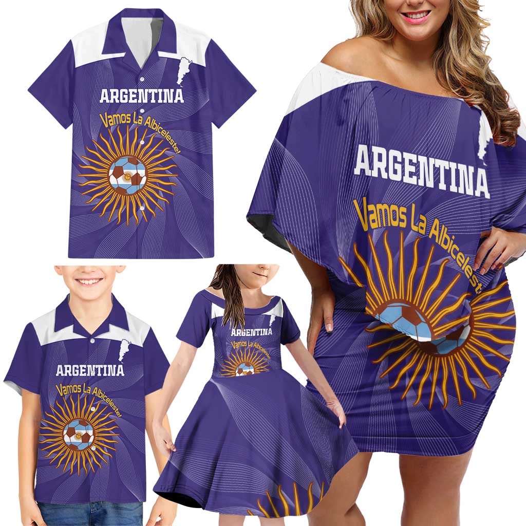 Custom Argentina Football Family Matching Off Shoulder Short Dress and Hawaiian Shirt Vamos La Albiceleste Purple Version - Wonder Print Shop