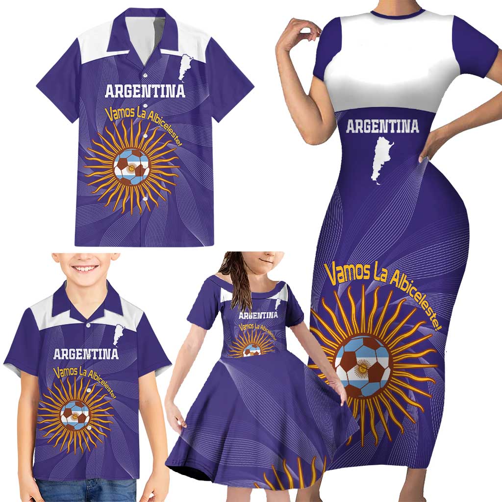 Custom Argentina Football Family Matching Short Sleeve Bodycon Dress and Hawaiian Shirt Vamos La Albiceleste Purple Version - Wonder Print Shop