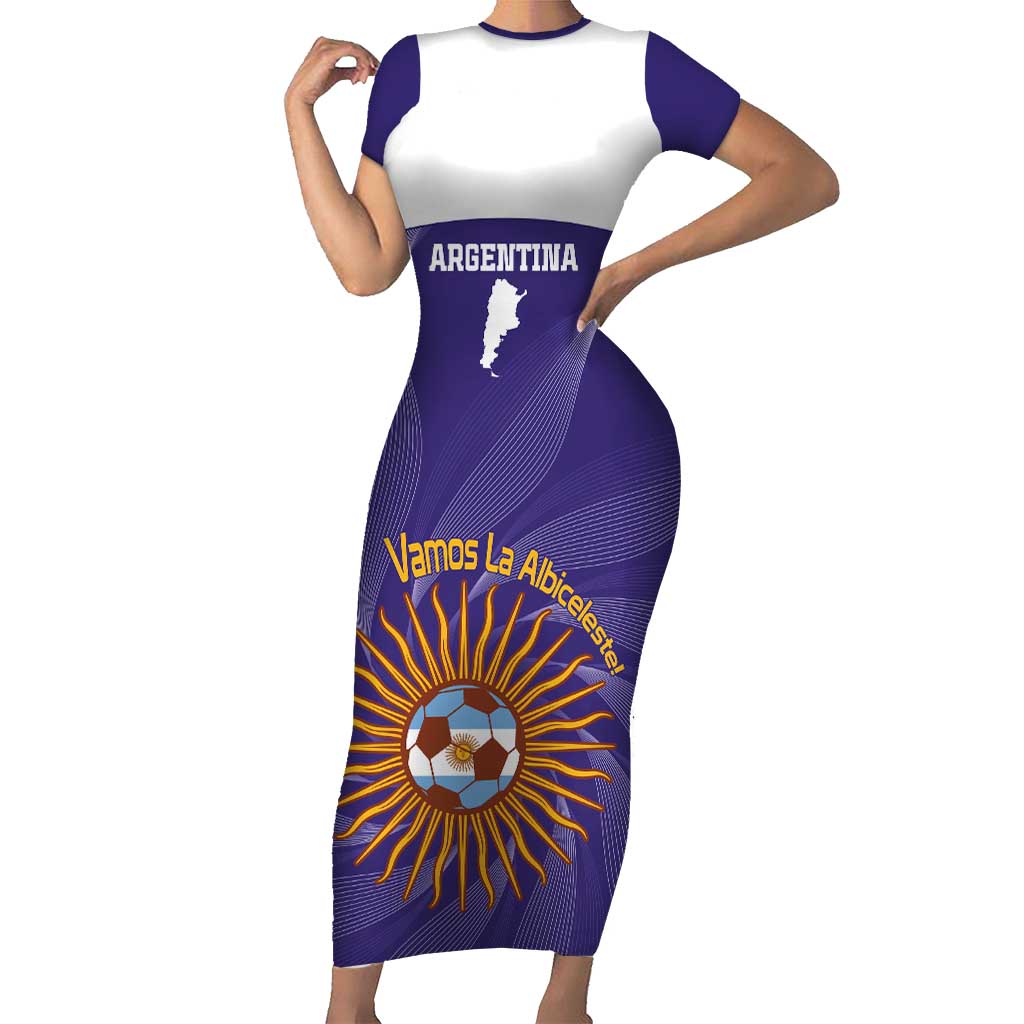 Custom Argentina Football Family Matching Short Sleeve Bodycon Dress and Hawaiian Shirt Vamos La Albiceleste Purple Version - Wonder Print Shop