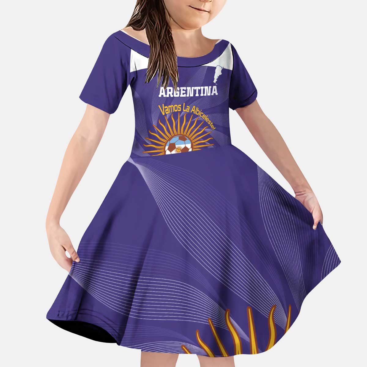 Custom Argentina Football Kid Short Sleeve Dress Vamos La Albiceleste Purple Version - Wonder Print Shop