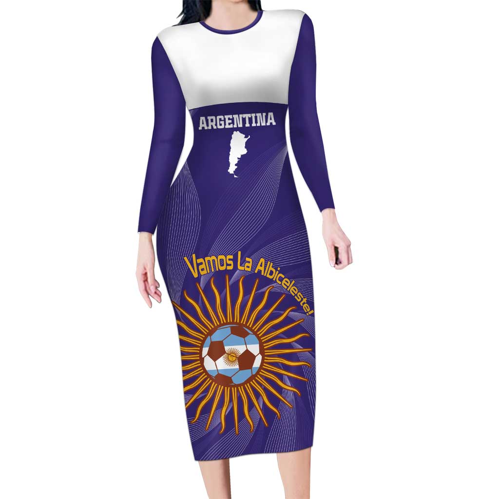Custom Argentina Football Long Sleeve Bodycon Dress Vamos La Albiceleste Purple Version - Wonder Print Shop