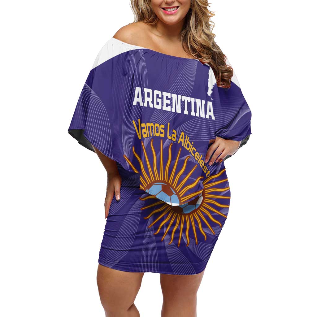 Custom Argentina Football Off Shoulder Short Dress Vamos La Albiceleste Purple Version - Wonder Print Shop