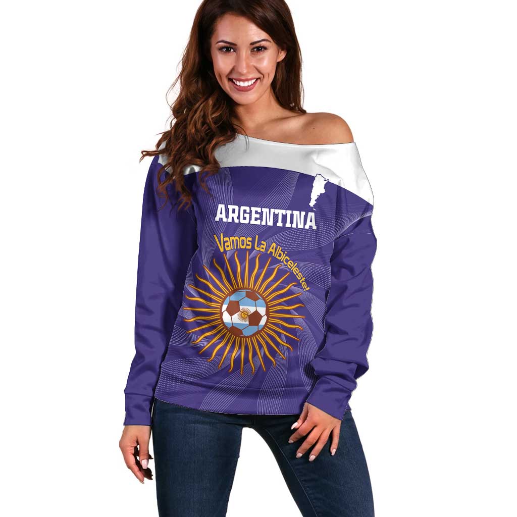 Custom Argentina Football Off Shoulder Sweater Vamos La Albiceleste Purple Version - Wonder Print Shop