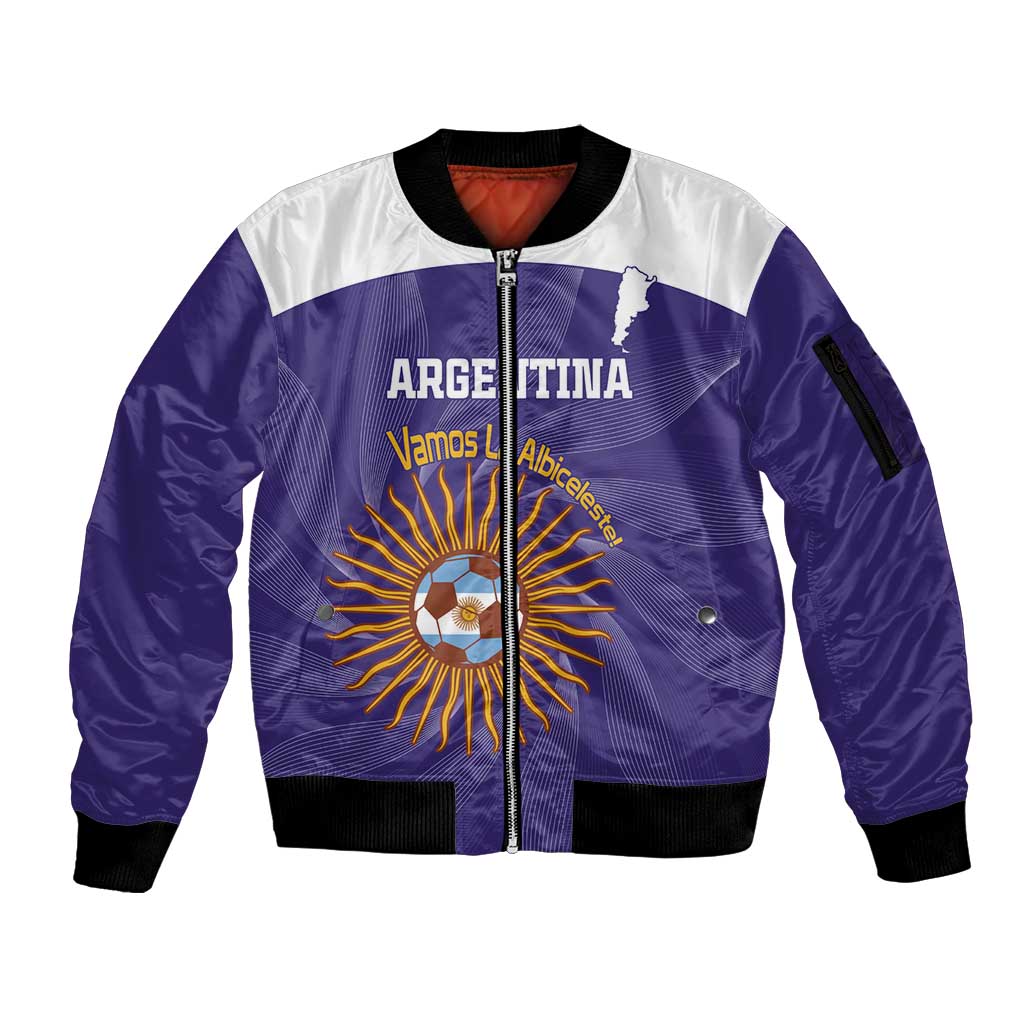 Custom Argentina Football Sleeve Zip Bomber Jacket Vamos La Albiceleste Purple Version - Wonder Print Shop
