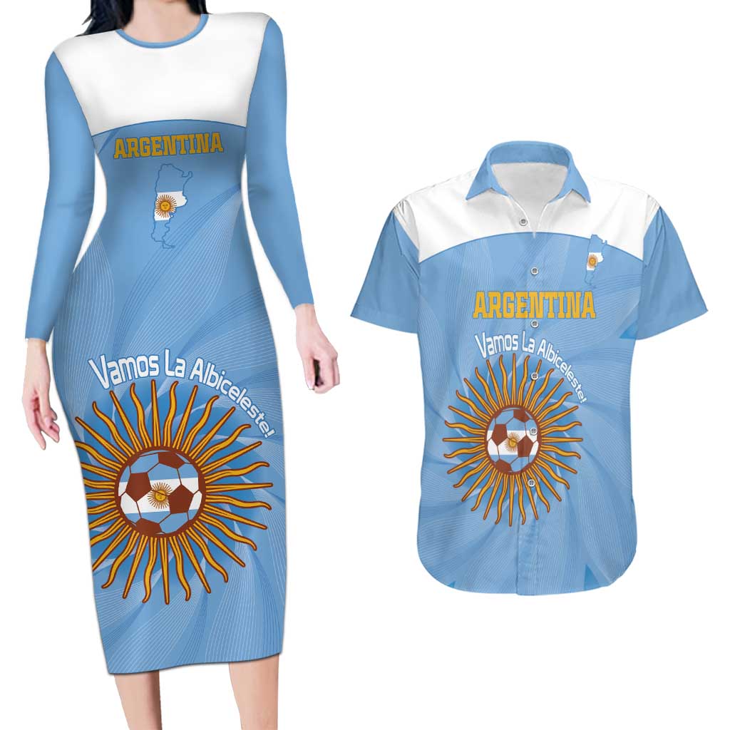 Custom Argentina Football Couples Matching Long Sleeve Bodycon Dress and Hawaiian Shirt Vamos La Albiceleste Blue Version - Wonder Print Shop