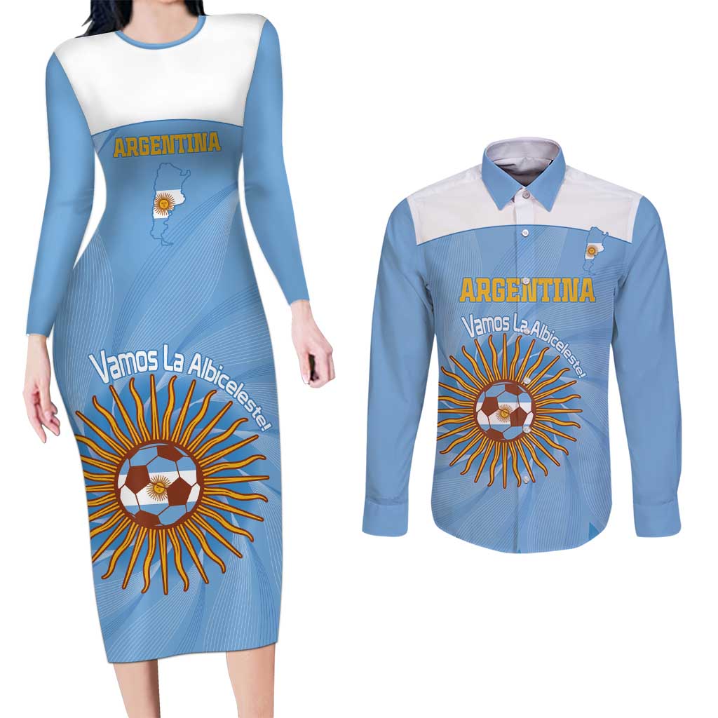 Custom Argentina Football Couples Matching Long Sleeve Bodycon Dress and Long Sleeve Button Shirt Vamos La Albiceleste Blue Version - Wonder Print Shop