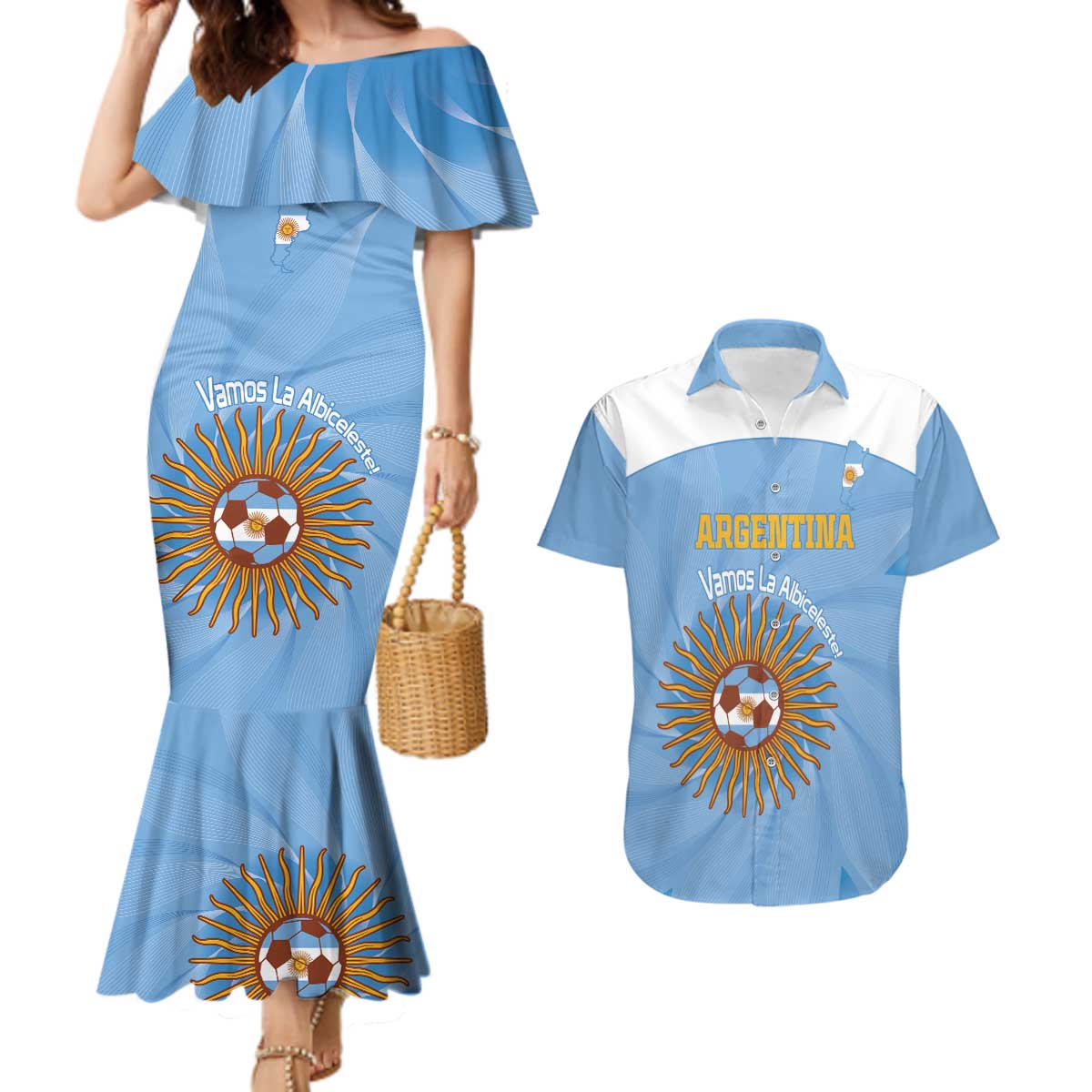 Custom Argentina Football Couples Matching Mermaid Dress and Hawaiian Shirt Vamos La Albiceleste Blue Version - Wonder Print Shop