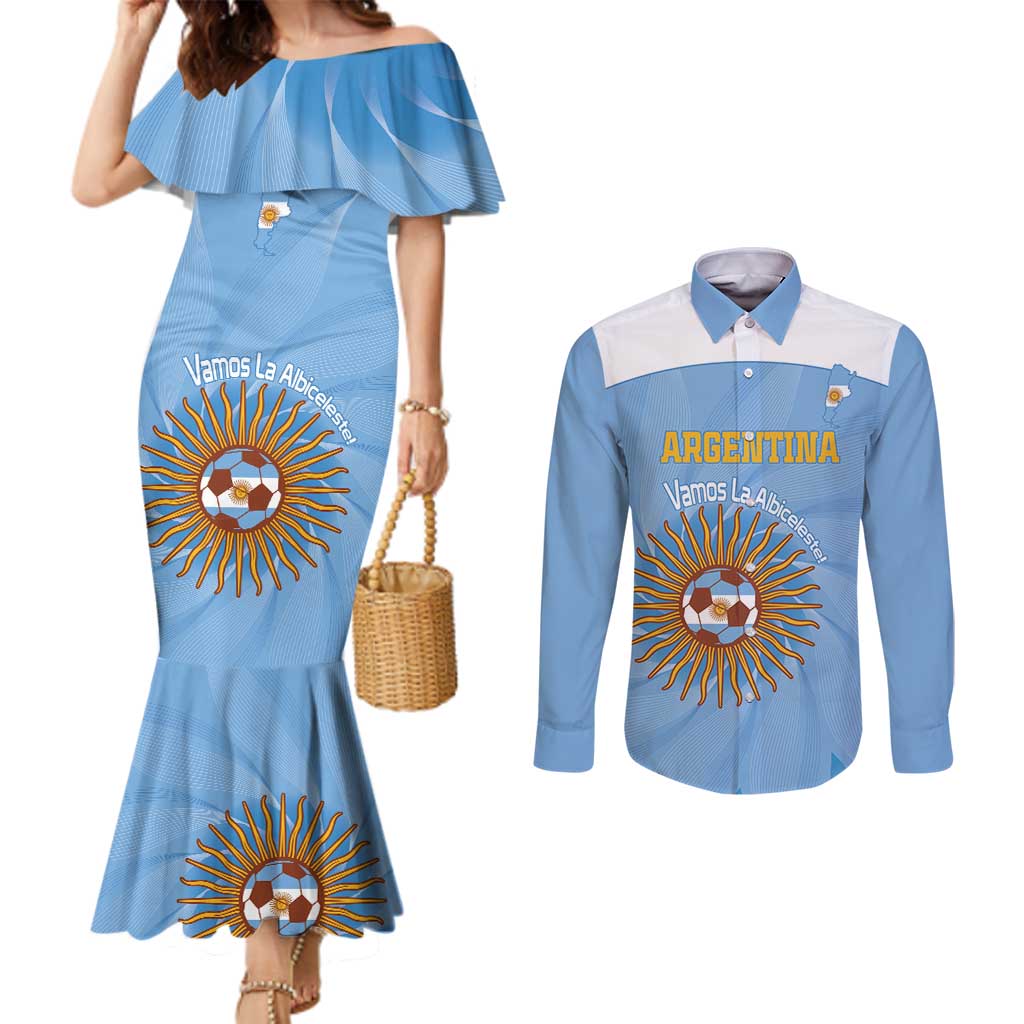 Custom Argentina Football Couples Matching Mermaid Dress and Long Sleeve Button Shirt Vamos La Albiceleste Blue Version - Wonder Print Shop