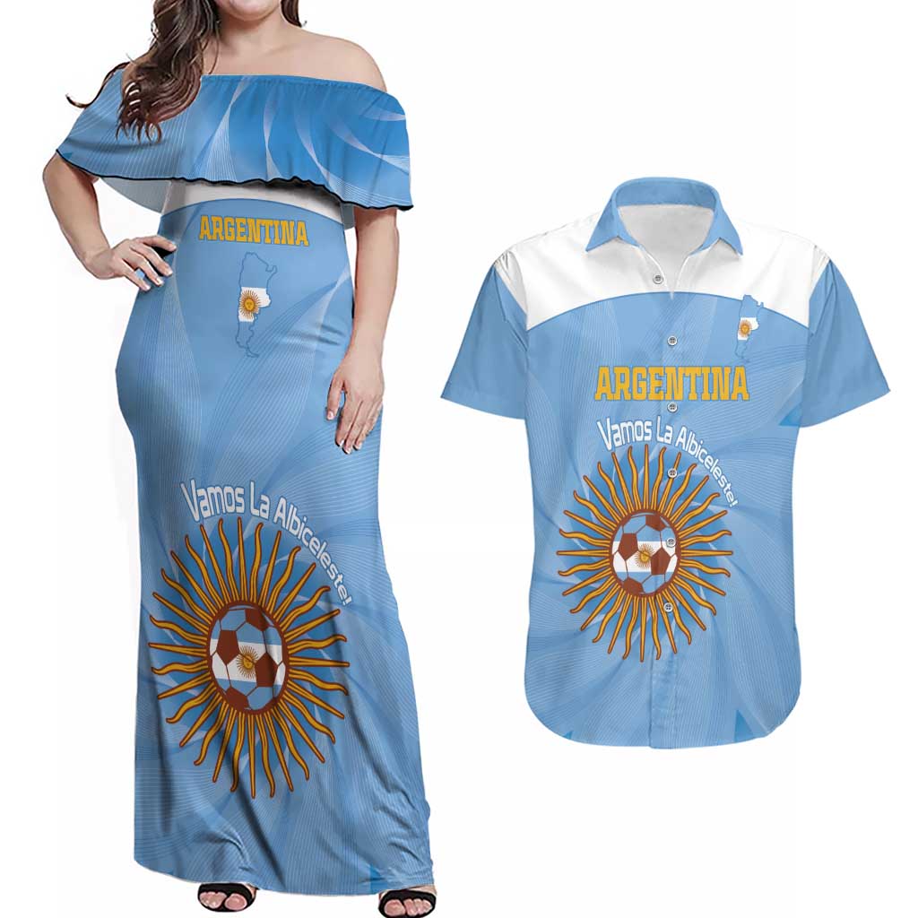 Custom Argentina Football Couples Matching Off Shoulder Maxi Dress and Hawaiian Shirt Vamos La Albiceleste Blue Version - Wonder Print Shop