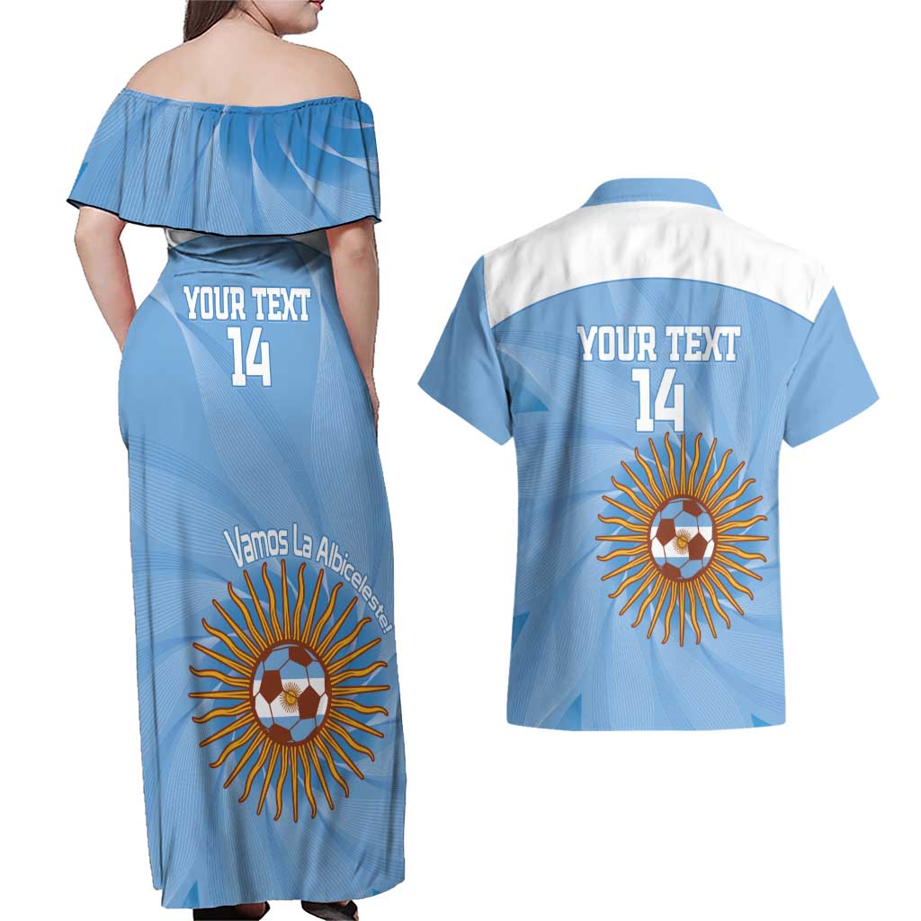 Custom Argentina Football Couples Matching Off Shoulder Maxi Dress and Hawaiian Shirt Vamos La Albiceleste Blue Version - Wonder Print Shop