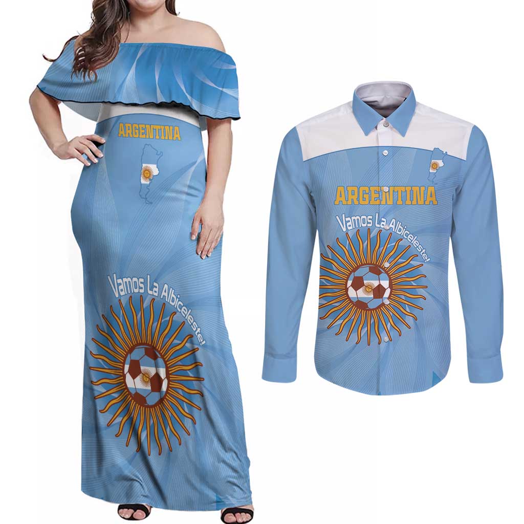 Custom Argentina Football Couples Matching Off Shoulder Maxi Dress and Long Sleeve Button Shirt Vamos La Albiceleste Blue Version - Wonder Print Shop