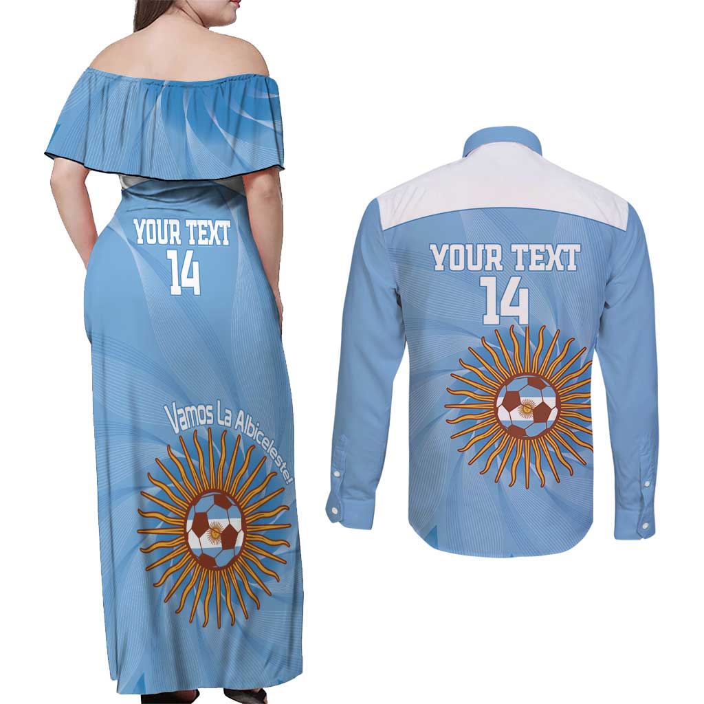 Custom Argentina Football Couples Matching Off Shoulder Maxi Dress and Long Sleeve Button Shirt Vamos La Albiceleste Blue Version - Wonder Print Shop