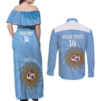 Custom Argentina Football Couples Matching Off Shoulder Maxi Dress and Long Sleeve Button Shirt Vamos La Albiceleste Blue Version - Wonder Print Shop