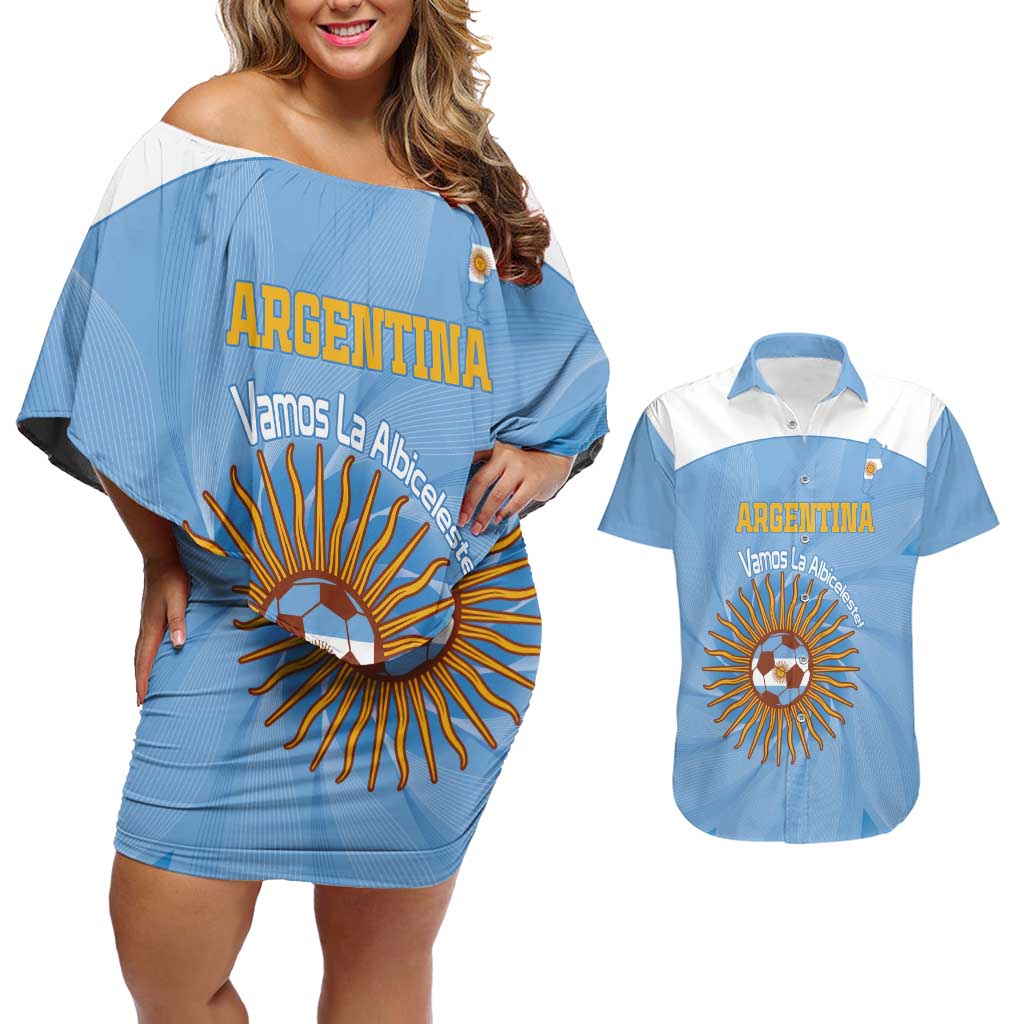 Custom Argentina Football Couples Matching Off Shoulder Short Dress and Hawaiian Shirt Vamos La Albiceleste Blue Version - Wonder Print Shop