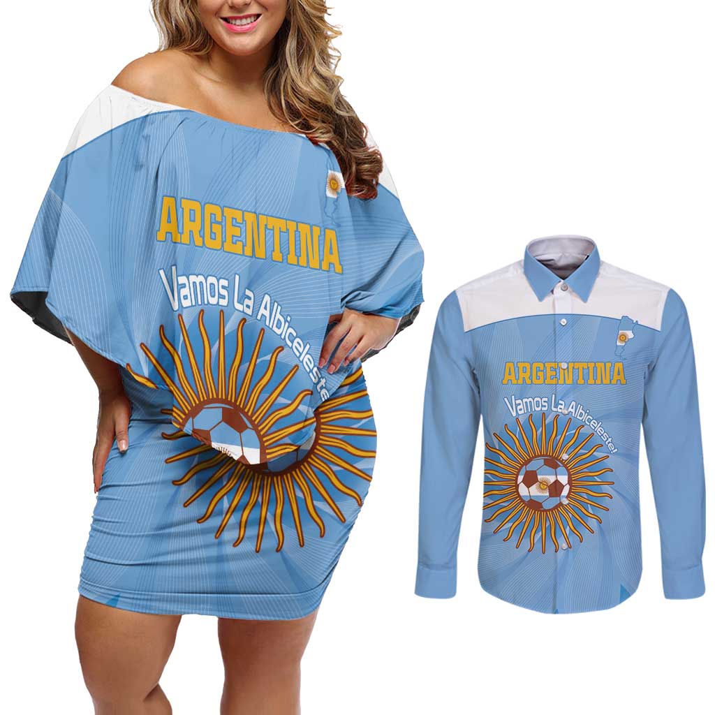 Custom Argentina Football Couples Matching Off Shoulder Short Dress and Long Sleeve Button Shirt Vamos La Albiceleste Blue Version - Wonder Print Shop