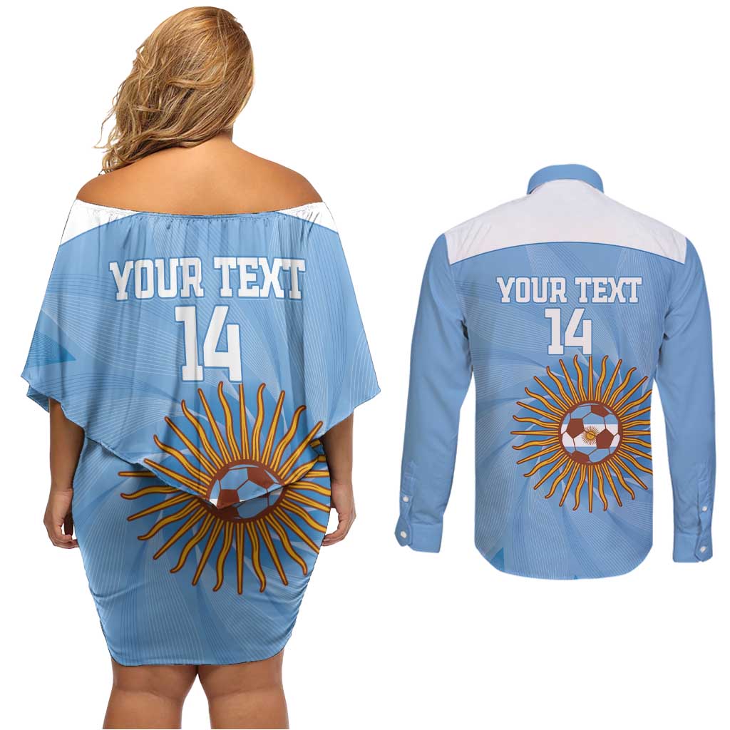 Custom Argentina Football Couples Matching Off Shoulder Short Dress and Long Sleeve Button Shirt Vamos La Albiceleste Blue Version - Wonder Print Shop