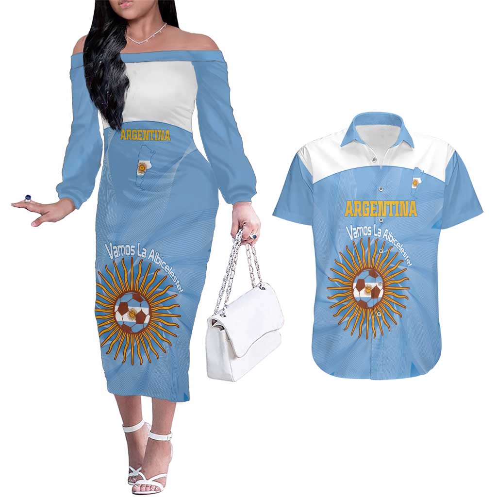 Custom Argentina Football Couples Matching Off The Shoulder Long Sleeve Dress and Hawaiian Shirt Vamos La Albiceleste Blue Version - Wonder Print Shop