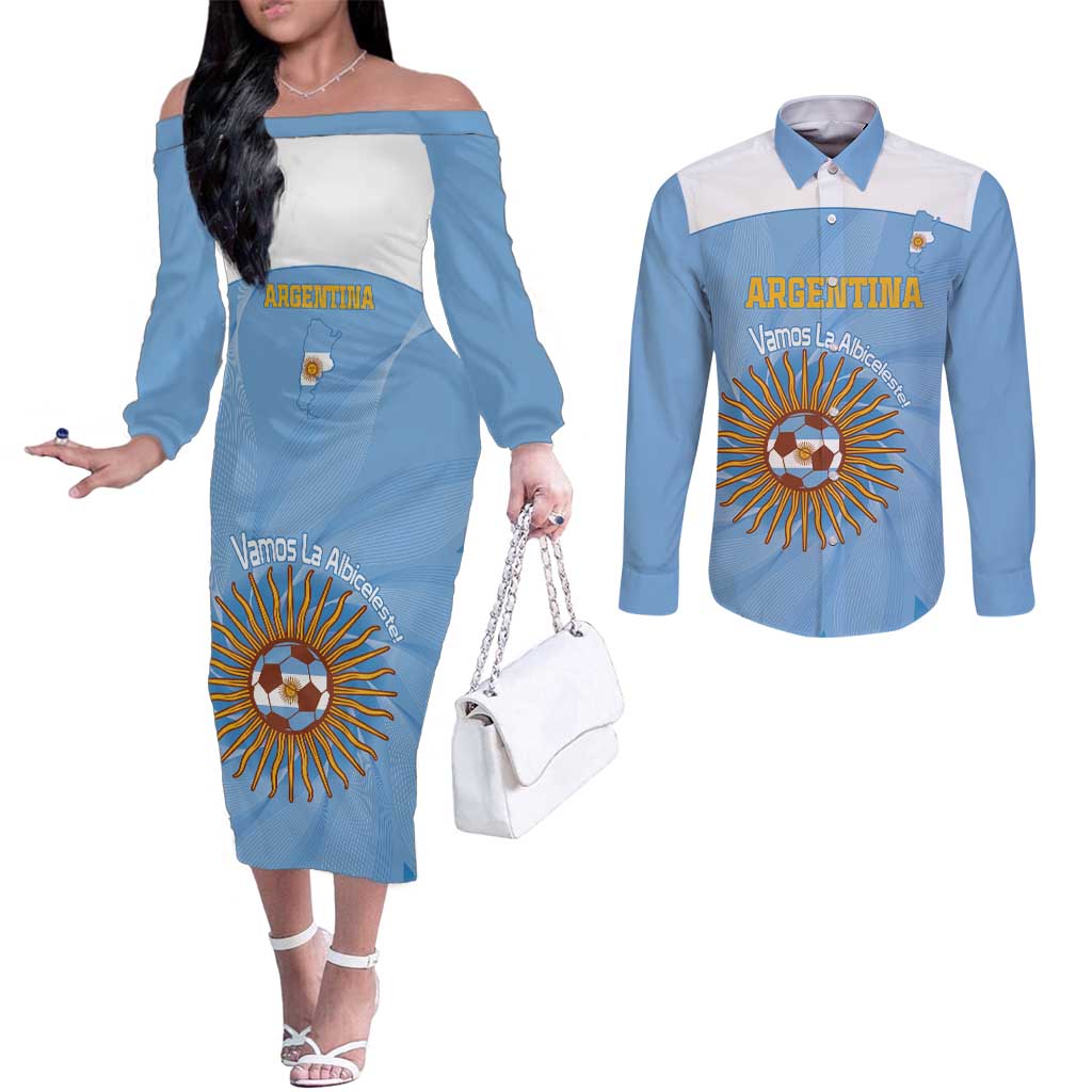 Custom Argentina Football Couples Matching Off The Shoulder Long Sleeve Dress and Long Sleeve Button Shirt Vamos La Albiceleste Blue Version - Wonder Print Shop