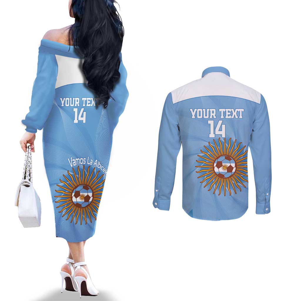 Custom Argentina Football Couples Matching Off The Shoulder Long Sleeve Dress and Long Sleeve Button Shirt Vamos La Albiceleste Blue Version - Wonder Print Shop