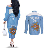 Custom Argentina Football Couples Matching Off The Shoulder Long Sleeve Dress and Long Sleeve Button Shirt Vamos La Albiceleste Blue Version - Wonder Print Shop