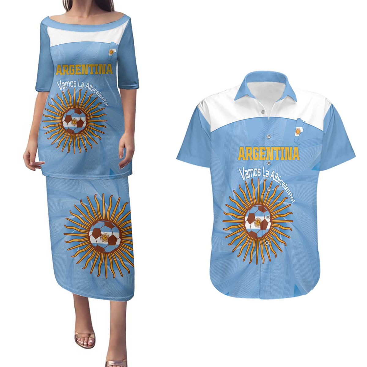 Custom Argentina Football Couples Matching Puletasi and Hawaiian Shirt Vamos La Albiceleste Blue Version - Wonder Print Shop