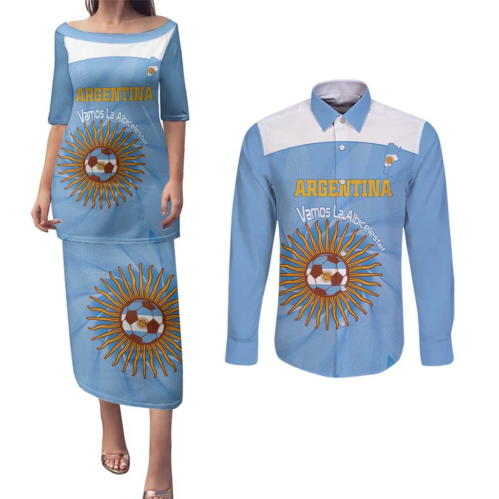 Custom Argentina Football Couples Matching Puletasi and Long Sleeve Button Shirt Vamos La Albiceleste Blue Version - Wonder Print Shop