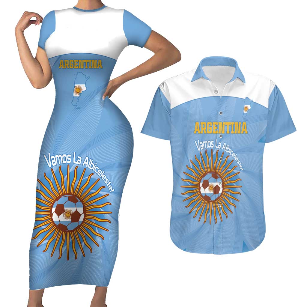 Custom Argentina Football Couples Matching Short Sleeve Bodycon Dress and Hawaiian Shirt Vamos La Albiceleste Blue Version - Wonder Print Shop