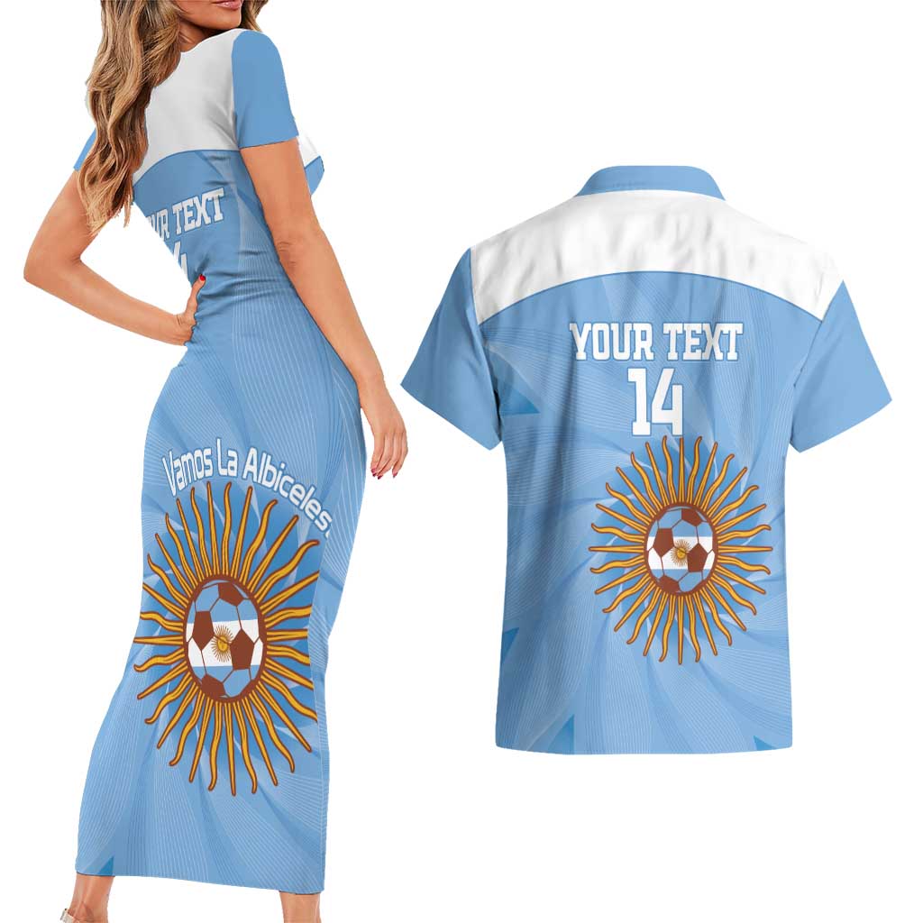 Custom Argentina Football Couples Matching Short Sleeve Bodycon Dress and Hawaiian Shirt Vamos La Albiceleste Blue Version - Wonder Print Shop