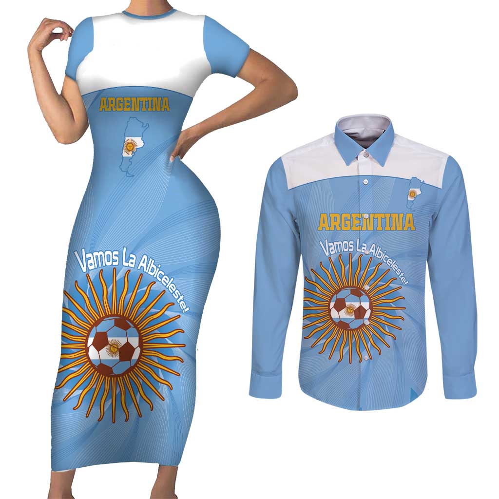 Custom Argentina Football Couples Matching Short Sleeve Bodycon Dress and Long Sleeve Button Shirt Vamos La Albiceleste Blue Version - Wonder Print Shop