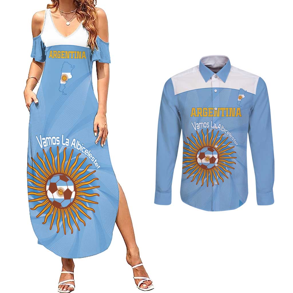 Custom Argentina Football Couples Matching Summer Maxi Dress and Long Sleeve Button Shirt Vamos La Albiceleste Blue Version - Wonder Print Shop
