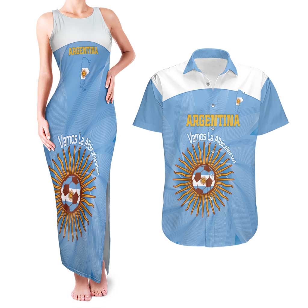 Custom Argentina Football Couples Matching Tank Maxi Dress and Hawaiian Shirt Vamos La Albiceleste Blue Version - Wonder Print Shop