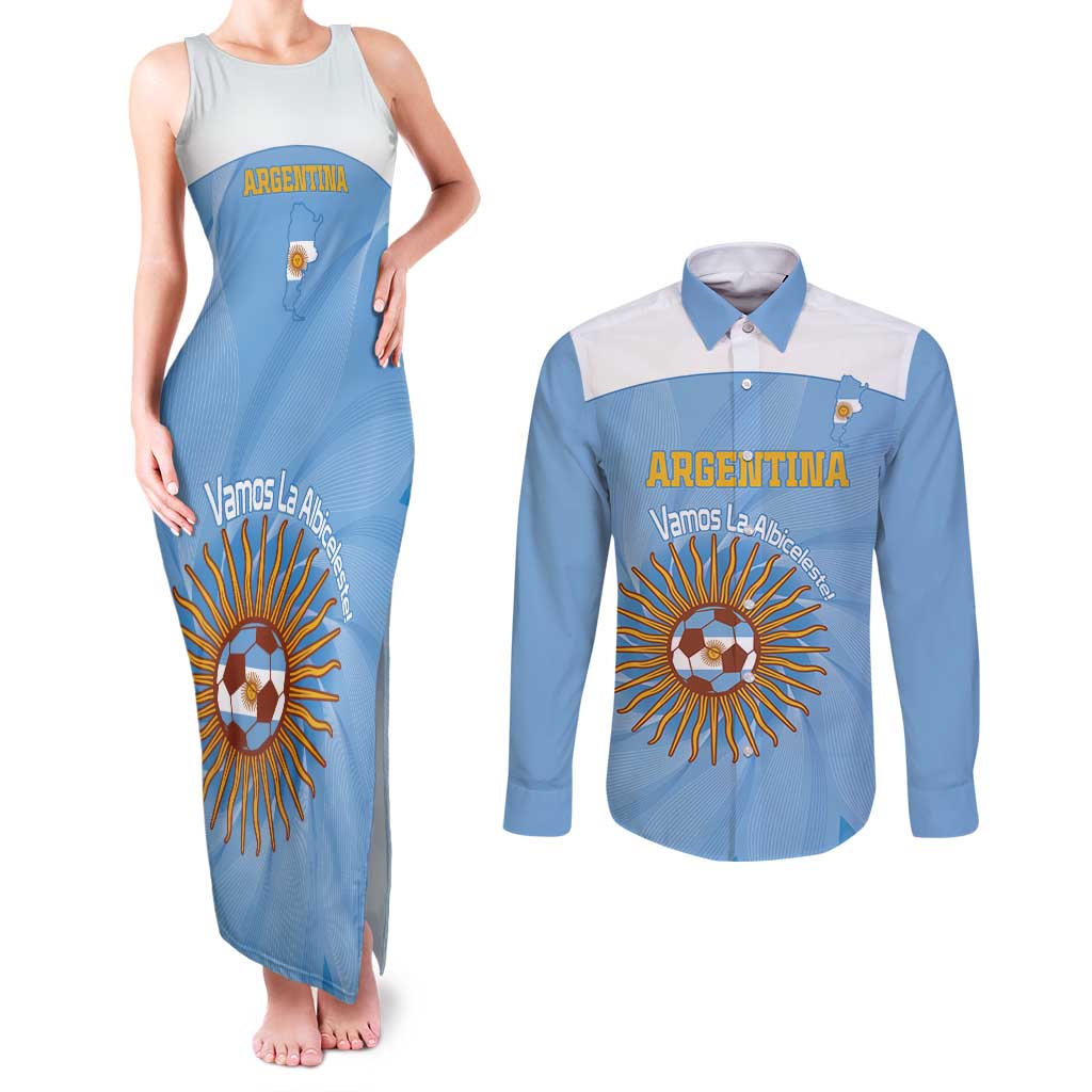 Custom Argentina Football Couples Matching Tank Maxi Dress and Long Sleeve Button Shirt Vamos La Albiceleste Blue Version - Wonder Print Shop