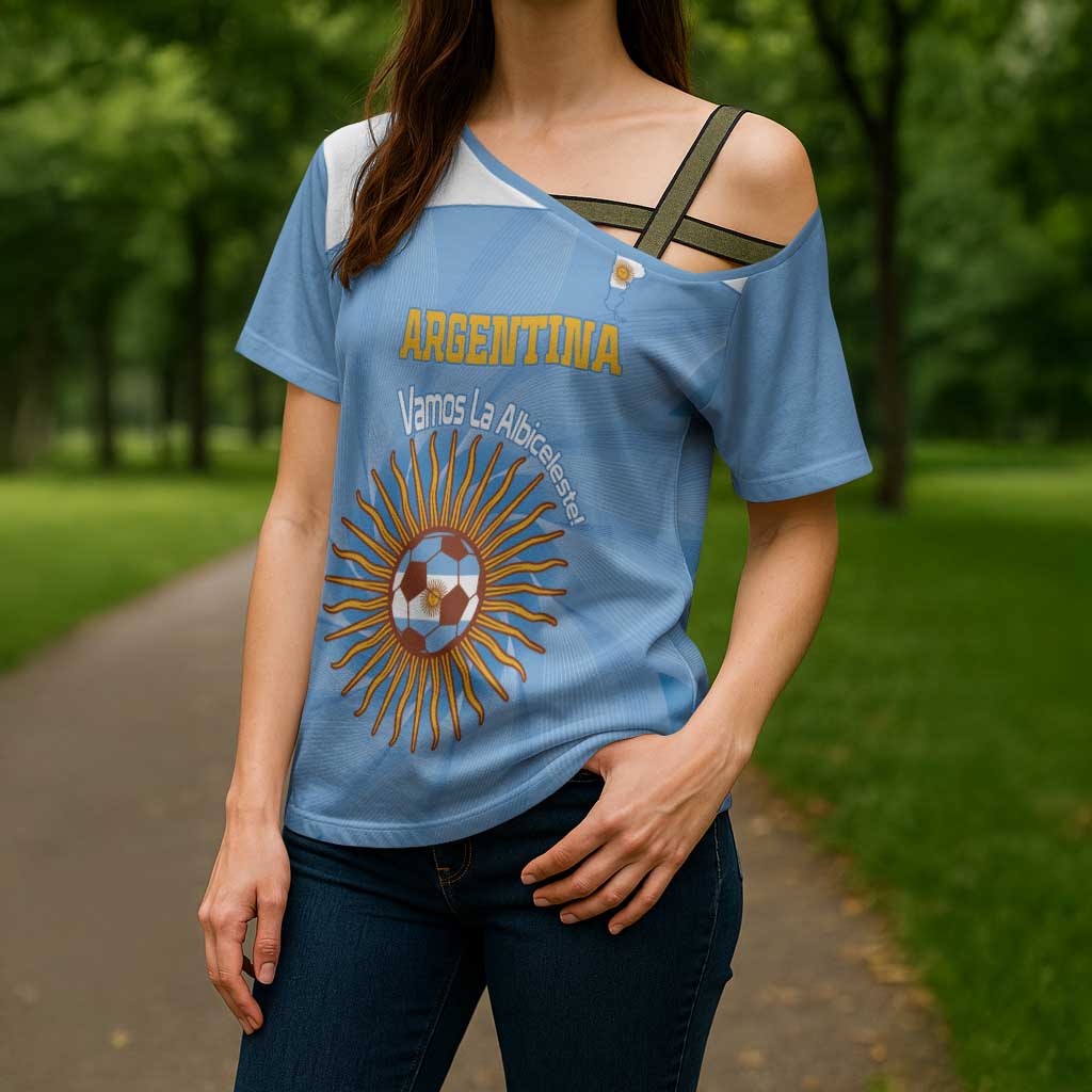 Custom Argentina Football Cross Shoulder Shirt Vamos La Albiceleste Blue Version - Wonder Print Shop
