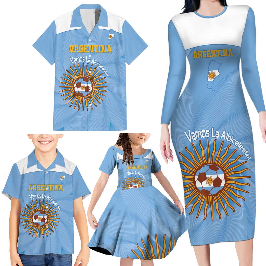 Custom Argentina Football Family Matching Long Sleeve Bodycon Dress and Hawaiian Shirt Vamos La Albiceleste Blue Version - Wonder Print Shop