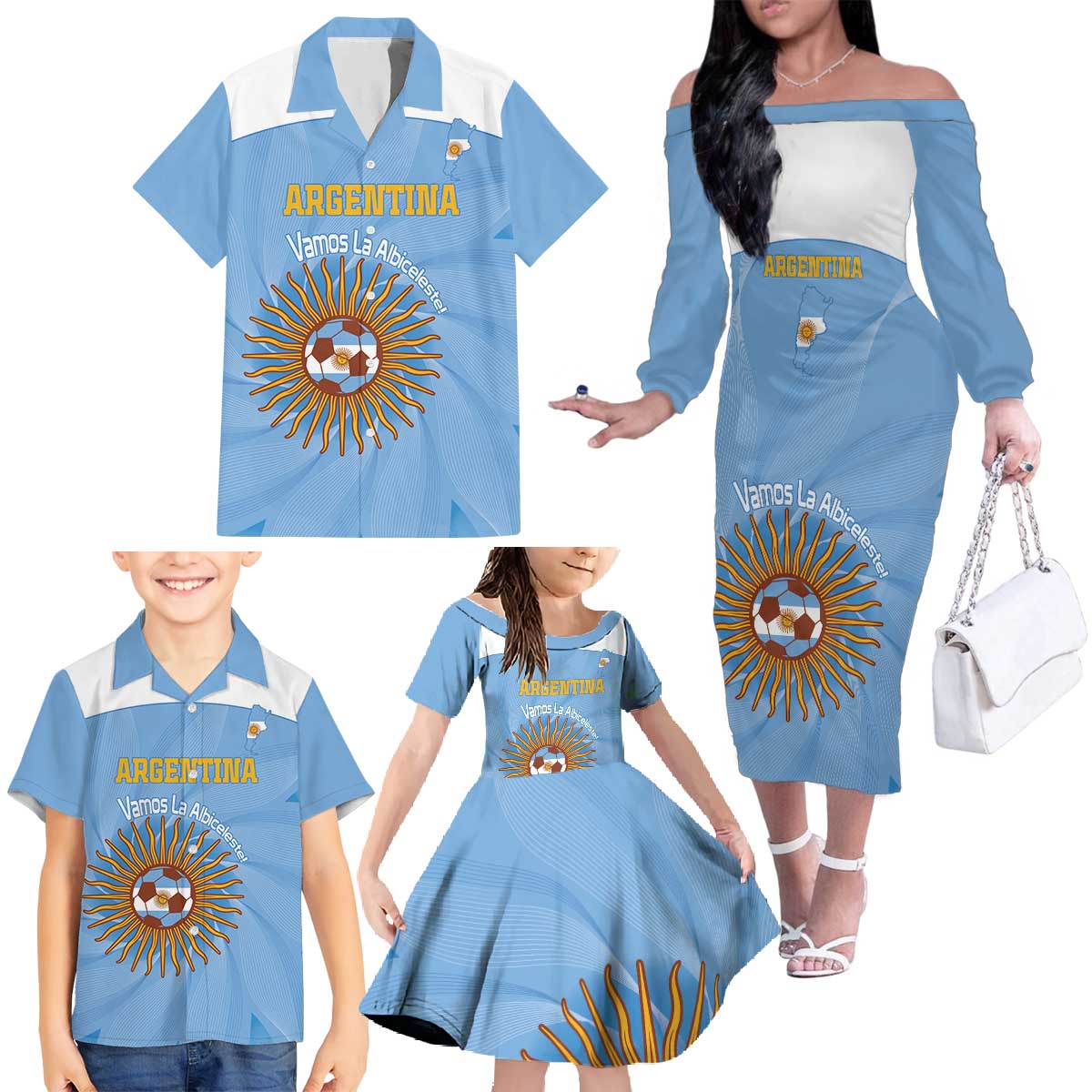 Custom Argentina Football Family Matching Off The Shoulder Long Sleeve Dress and Hawaiian Shirt Vamos La Albiceleste Blue Version - Wonder Print Shop