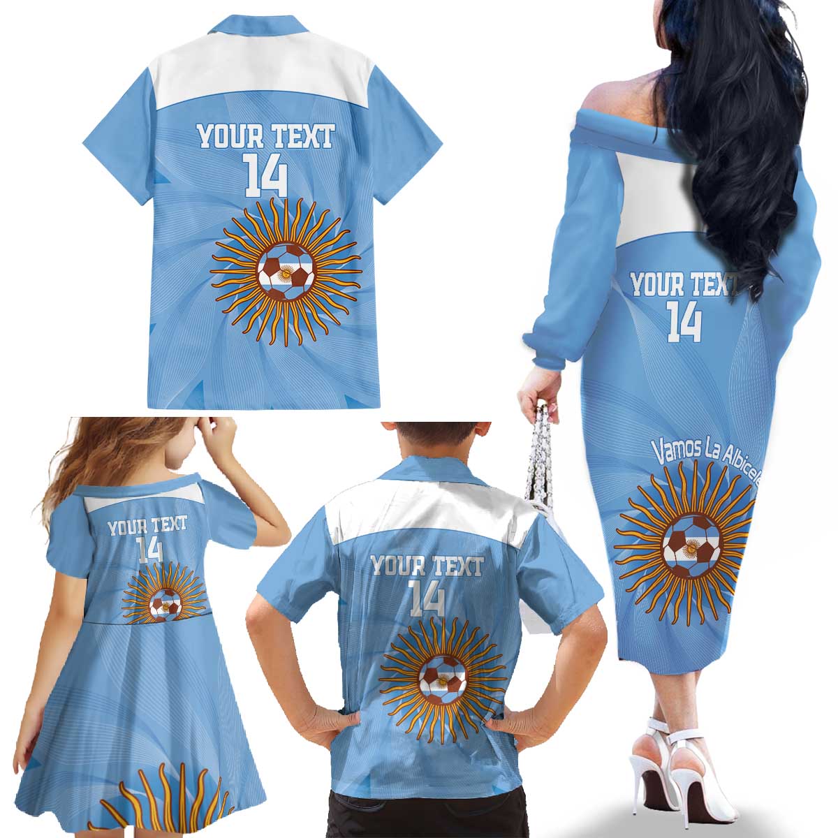 Custom Argentina Football Family Matching Off The Shoulder Long Sleeve Dress and Hawaiian Shirt Vamos La Albiceleste Blue Version - Wonder Print Shop