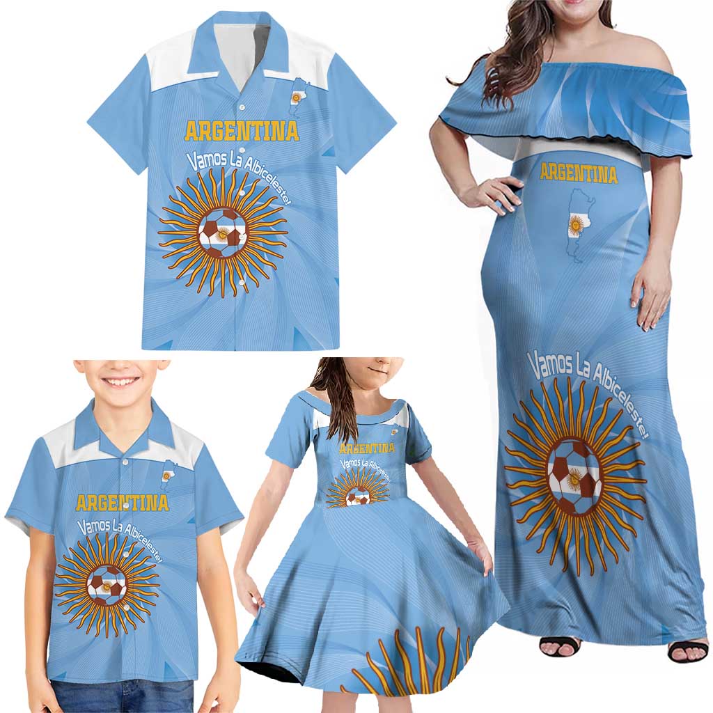 Custom Argentina Football Family Matching Off Shoulder Maxi Dress and Hawaiian Shirt Vamos La Albiceleste Blue Version - Wonder Print Shop